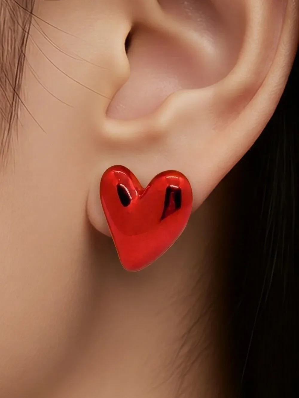 Puffy Red Metallic Chrome Heart Stud Earrings Valentine’s Day Soft Girl Jewelry